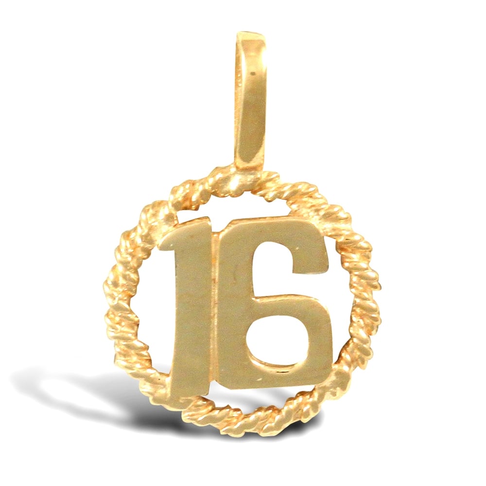 Ladies Solid 9ct Yellow Gold 16 Birthday Rope Ring Charm Pendant