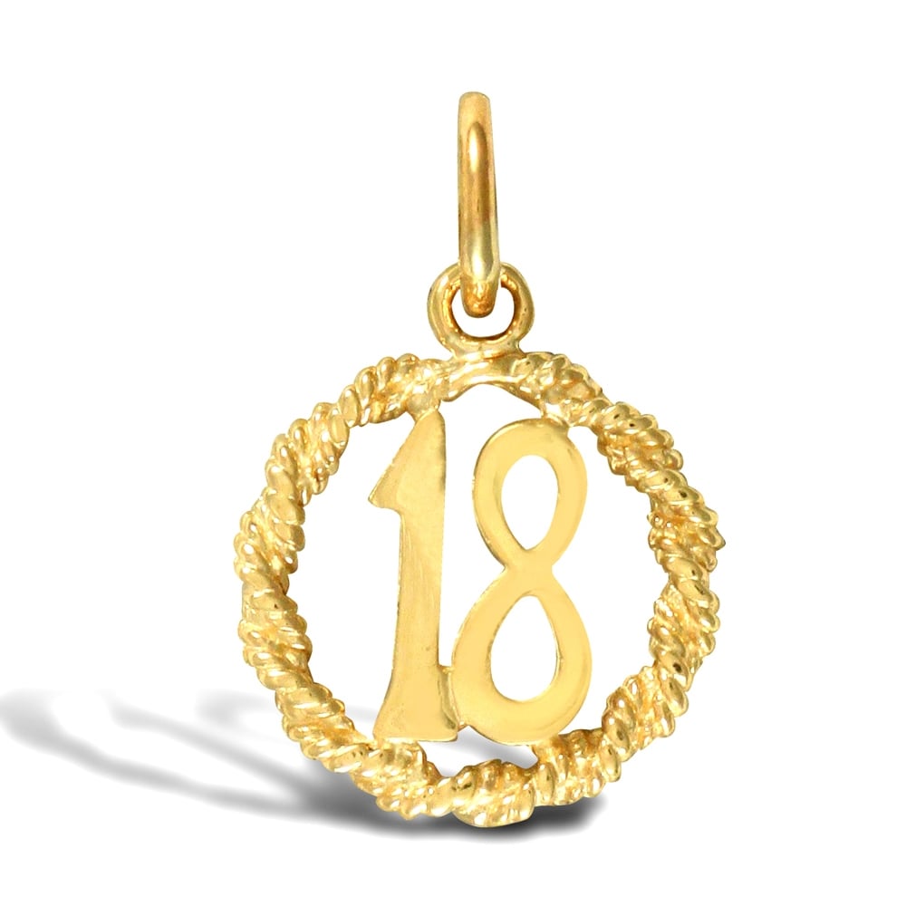 Ladies Solid 9ct Yellow Gold 18 Birthday Rope Ring Charm Pendant