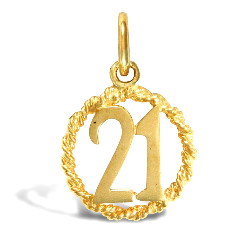 Ladies Solid 9ct Yellow Gold 21 Birthday Rope Ring Charm Pendant