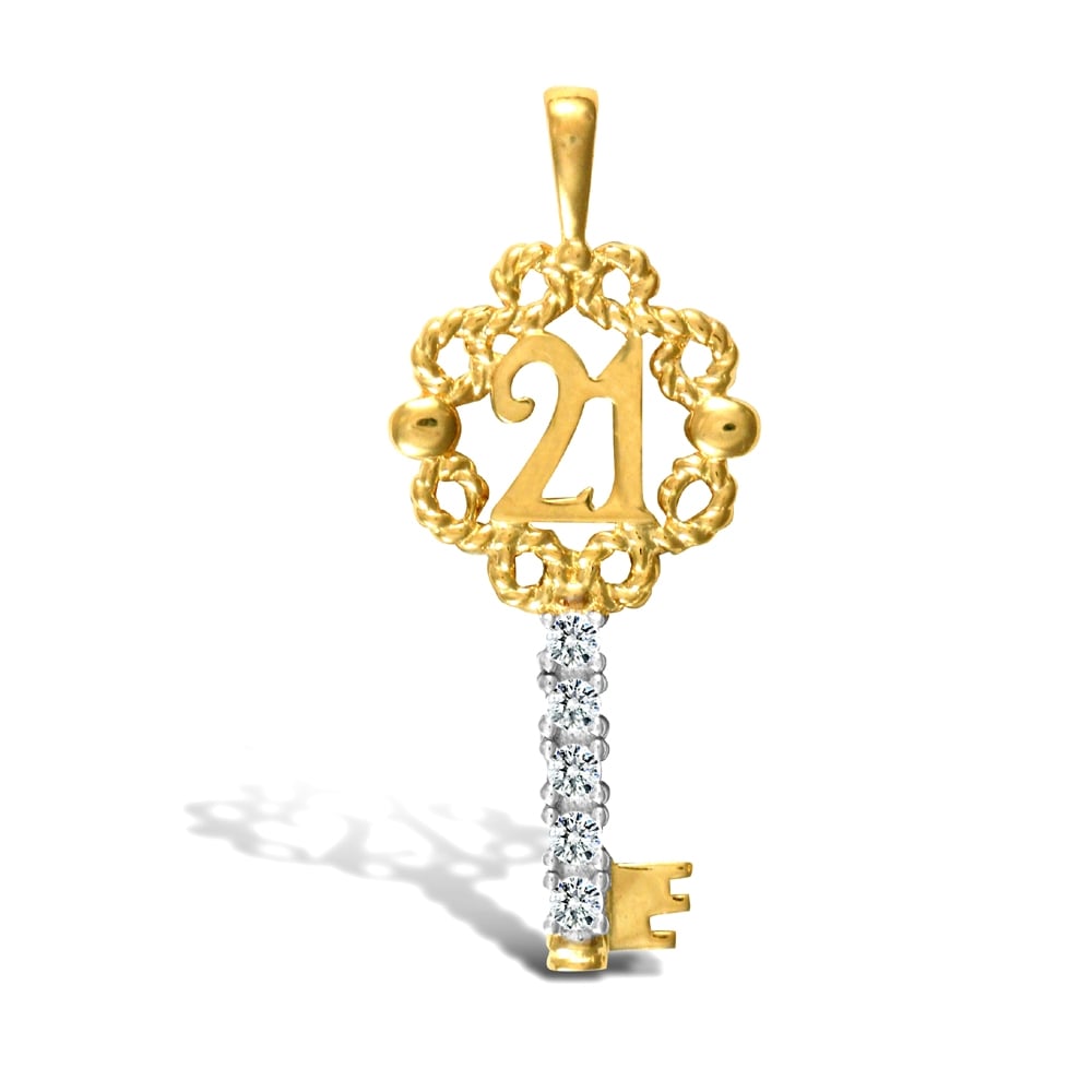 Ladies Solid 9ct Yellow and White Gold White Round Brilliant Cubic Zirconia 21 Birthday Key Charm Pendant