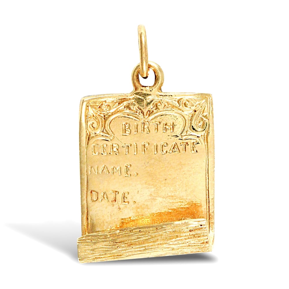 Solid 9ct Yellow Gold Birth Certificate Charm Pendant