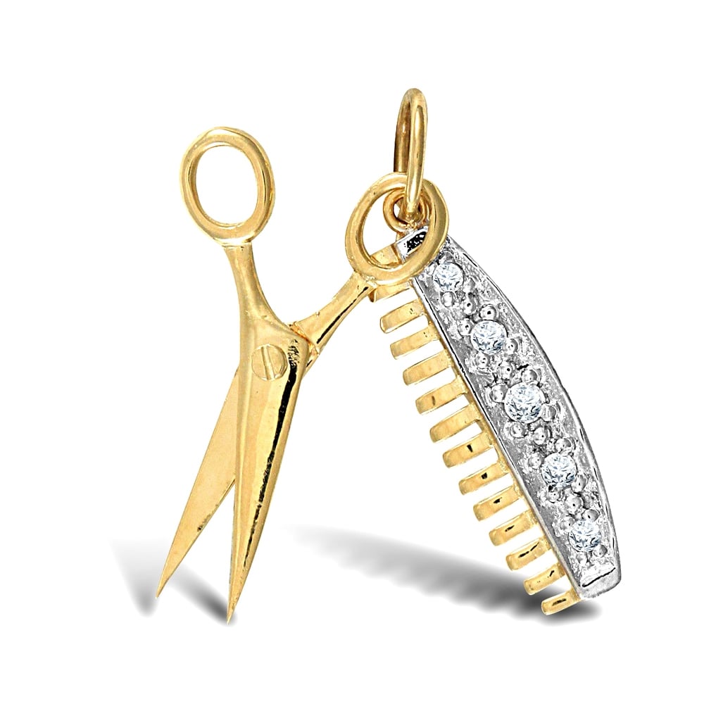 Solid 9ct Yellow and White Gold White Round Brilliant Cubic Zirconia Scissors & Comb Charm Pendant