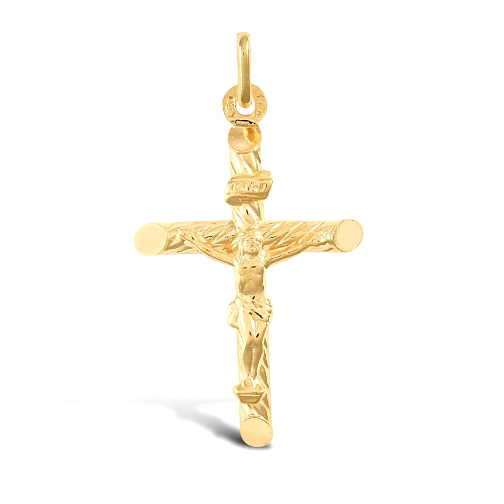9ct Yellow Gold Twist INRI Crucifix Cross Pendant