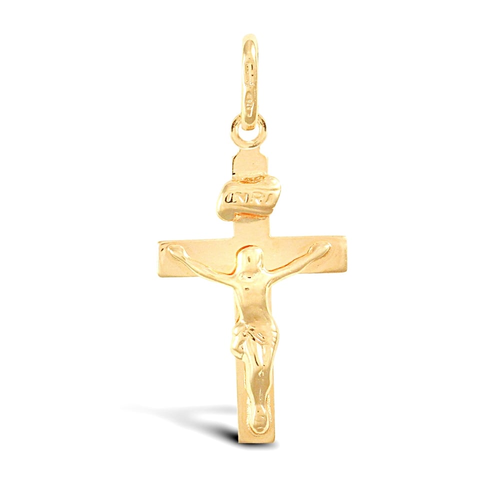 Solid 9ct Yellow Gold Flat INRI Crucifix Cross Pendant