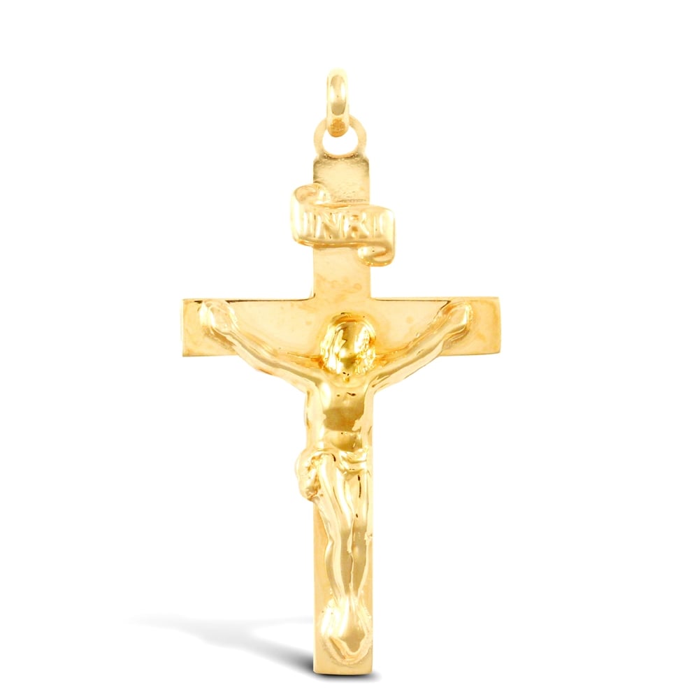 Solid 9ct Yellow Gold Flat INRI Crucifix Cross Pendant