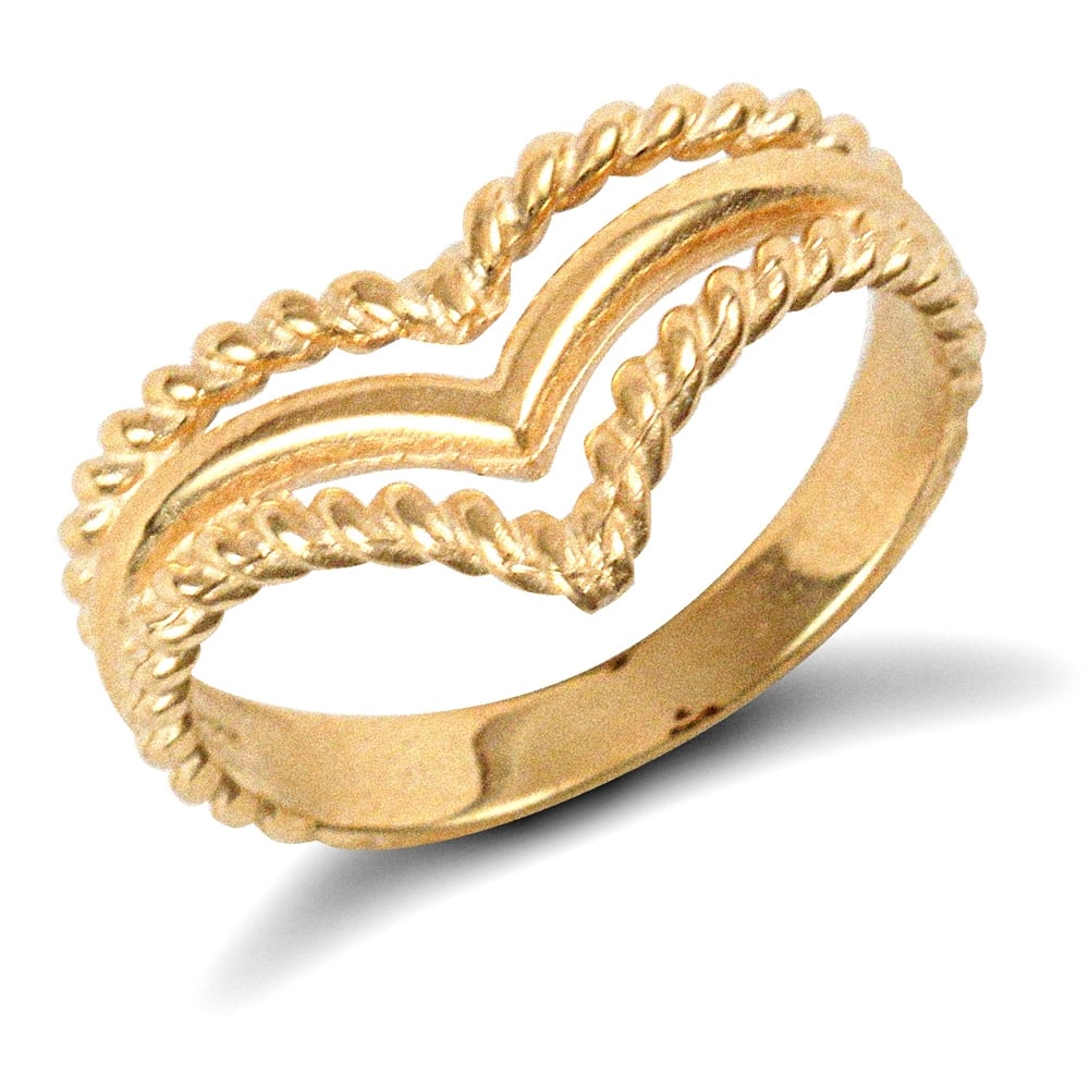 Ladies Solid 9ct Yellow Gold Twisted Edge Triple Wishbone Ring