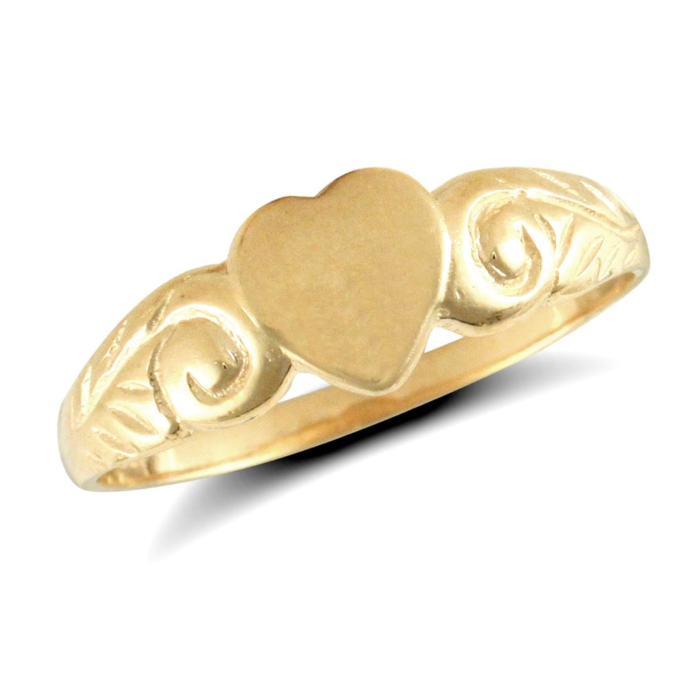 Ladies Solid 9ct Yellow Gold Floral Scroll Heart Signet Ring