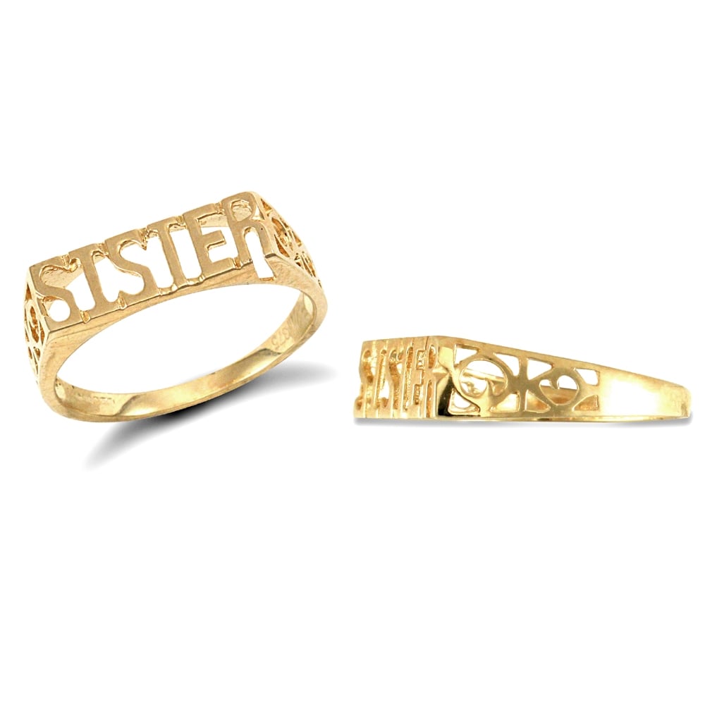Ladies Solid 9ct Yellow Gold Scroll Sides SISTER Ring