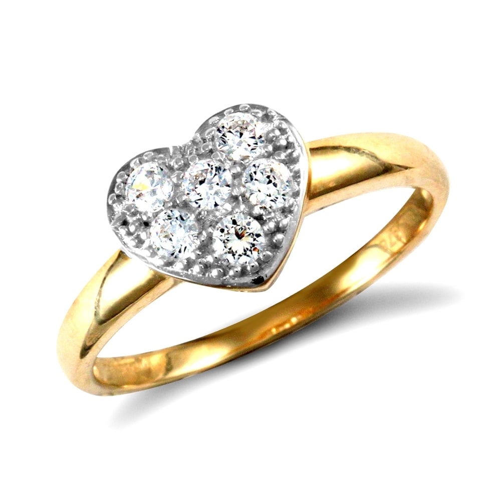 Ladies Solid 9ct Yellow and White Gold White Round Brilliant Cubic Zirconia Pave Love Heart Ring