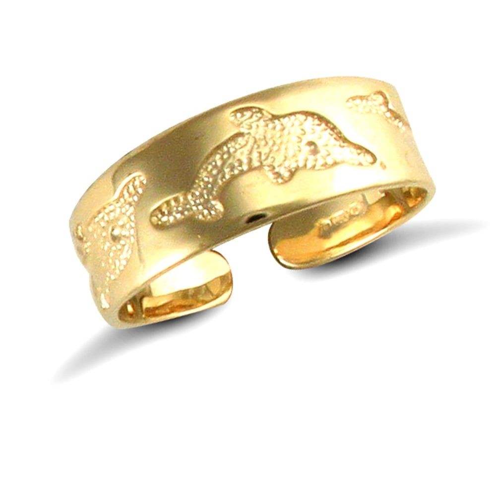 Ladies Solid 9ct Yellow Gold Leaping Dolphins Carved Flat Toe Ring
