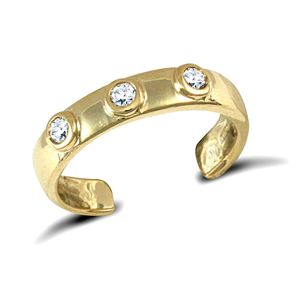 Ladies 9ct Yellow Gold White Round Brilliant Cubic Zirconia Trilogy Band Toe Ring