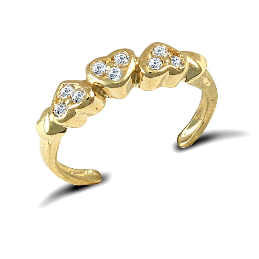 Ladies Solid 9ct Yellow Gold White Round Brilliant Cubic Zirconia Love Hearts Toe Ring