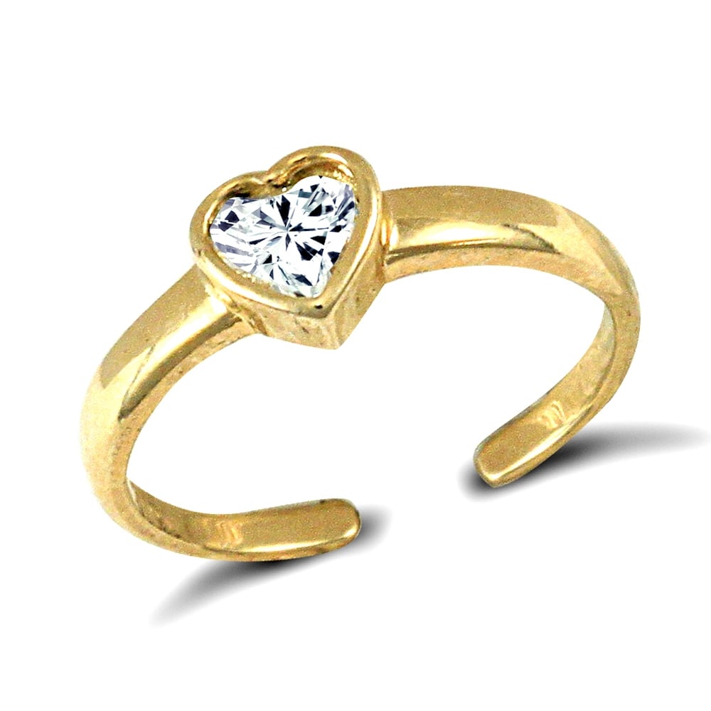 Ladies Solid 9ct Yellow Gold White Heart Cubic Zirconia Solitaire Love Heart Toe Ring