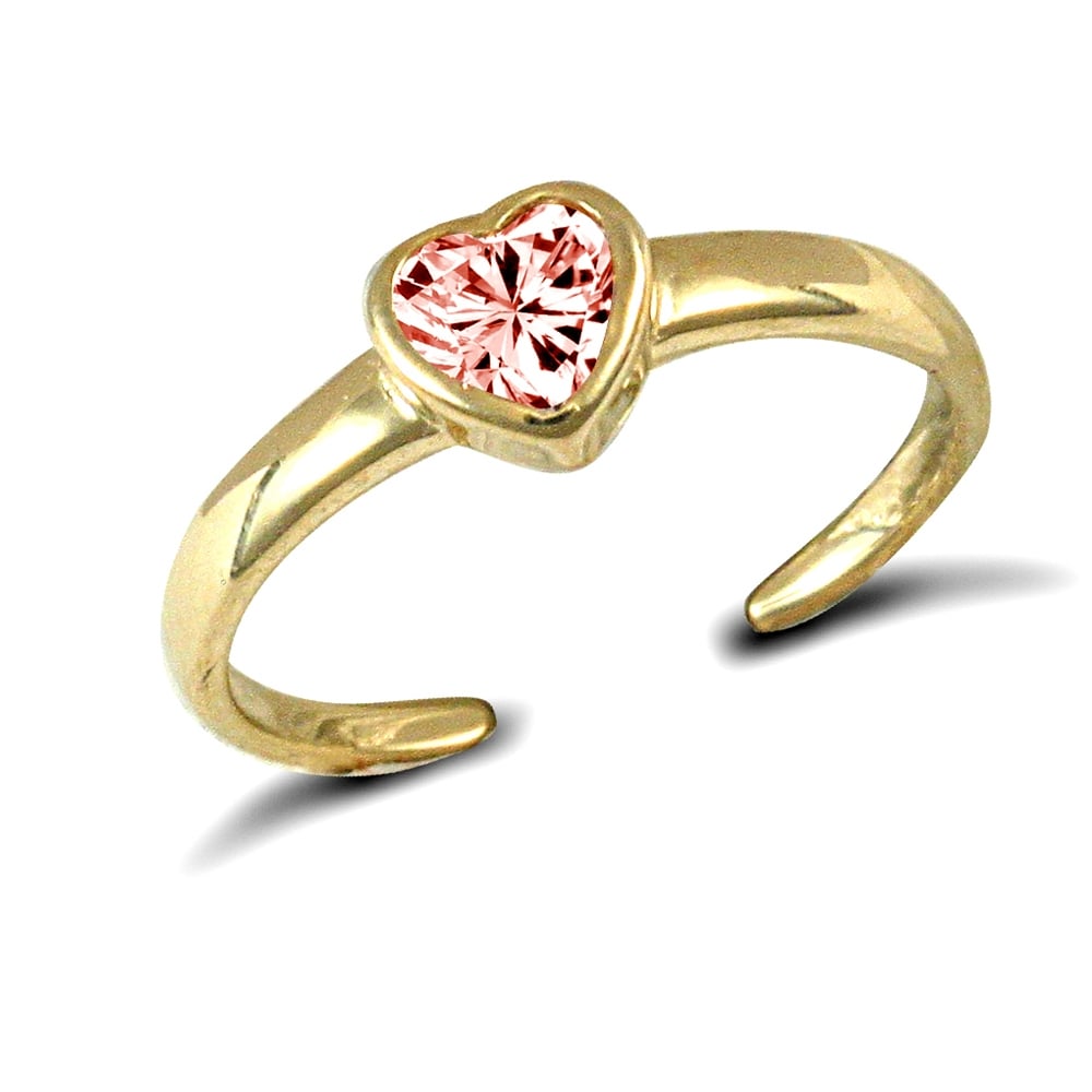 Ladies Solid 9ct Yellow Gold Pink Heart Cubic Zirconia Solitaire Love Heart Toe Ring