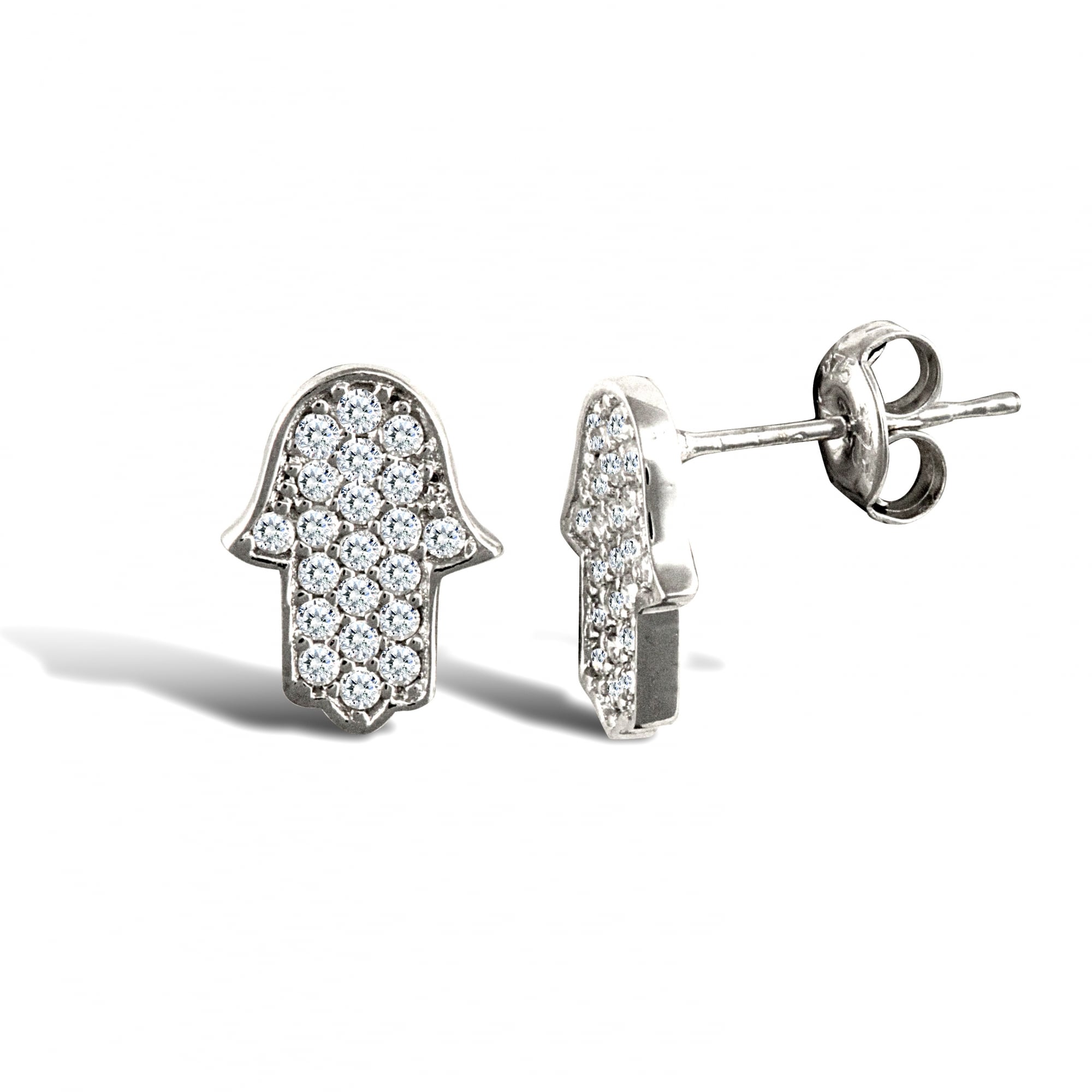 Ladies 9ct White Gold White Round Brilliant Cubic Zirconia Chamsa Hand Stud Earrings