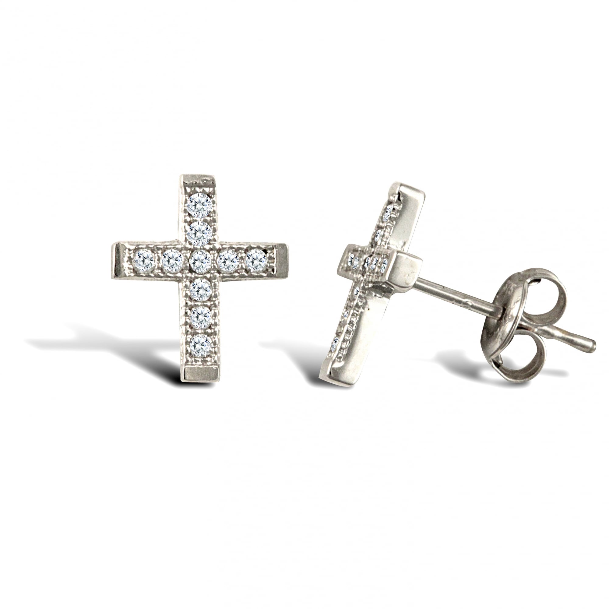 Ladies 9ct White Gold White Round Brilliant Cubic Zirconia Mini Cross Stud Earrings