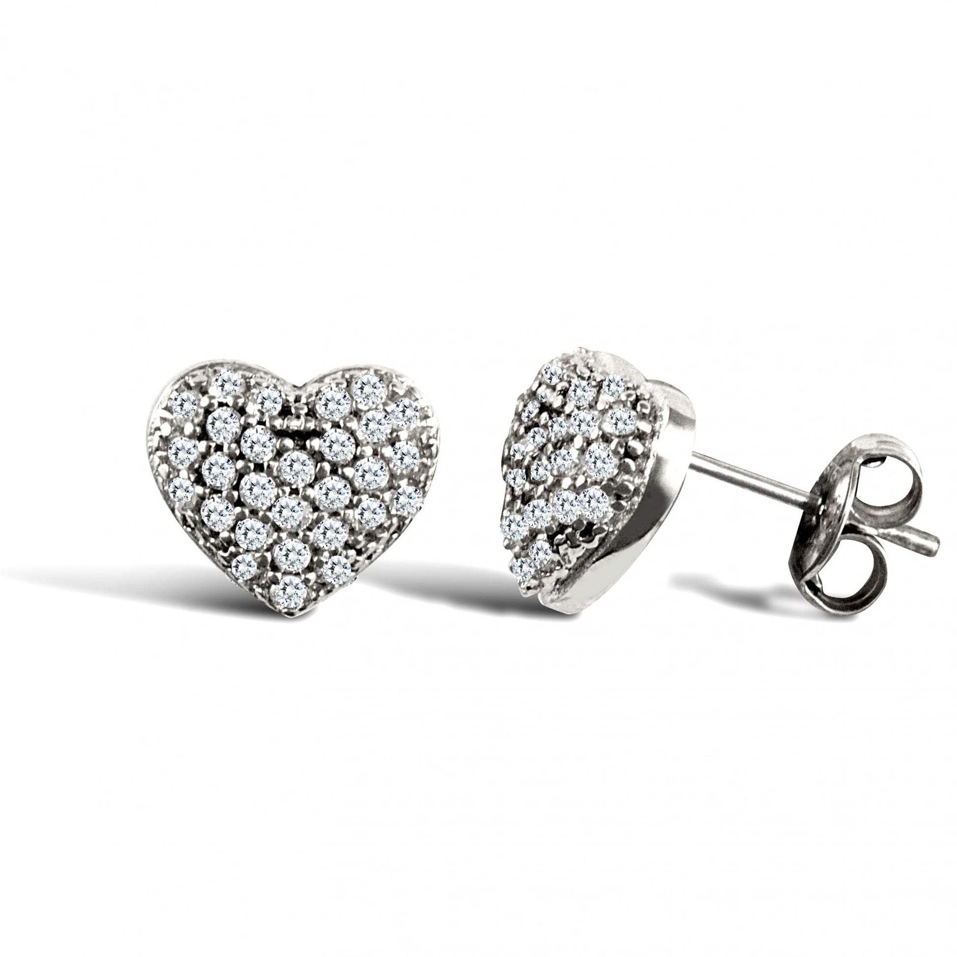 Ladies 9ct White Gold White Round Brilliant Cubic Zirconia Domed Pave Love Heart Stud Earrings