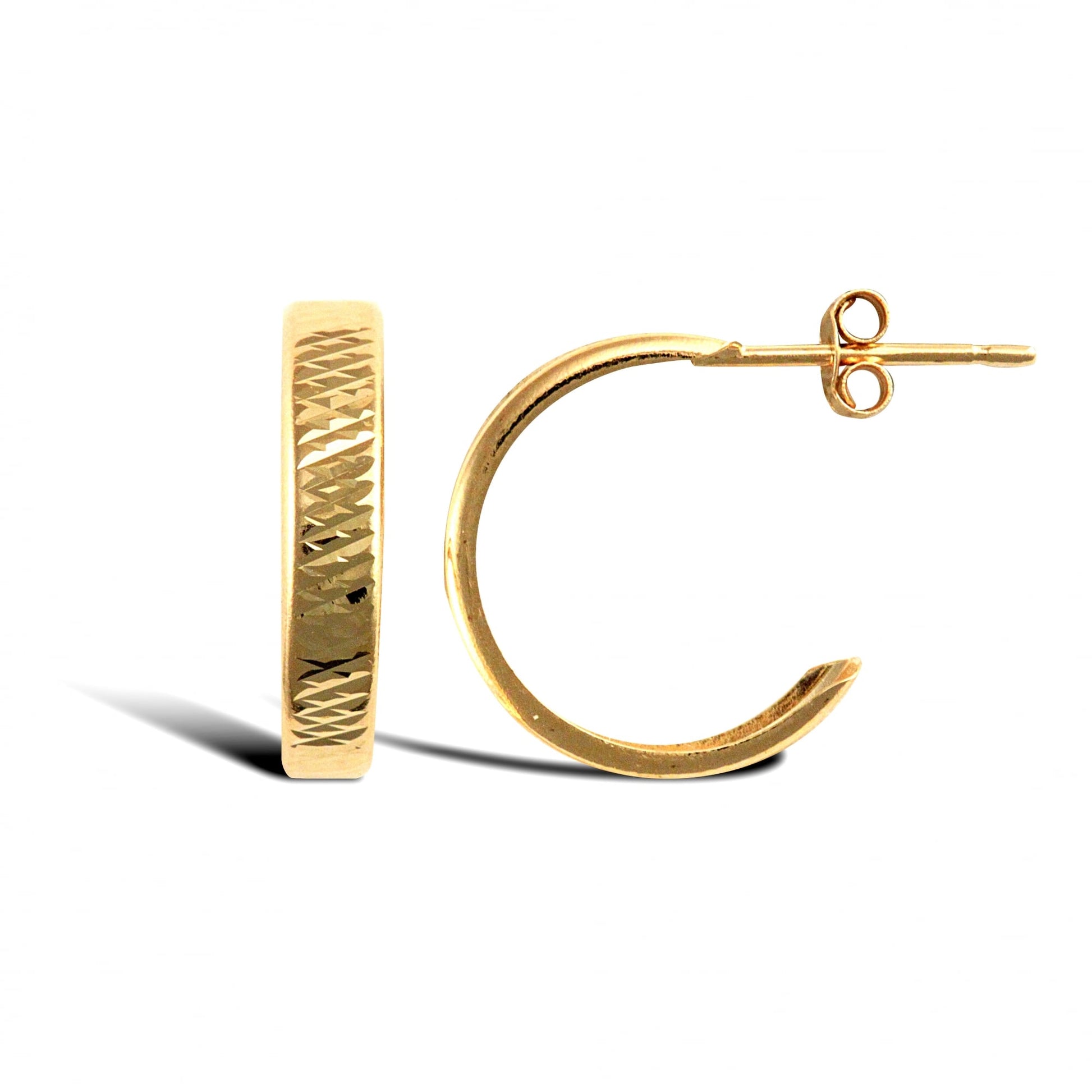 Ladies 9ct Yellow Gold Diamond Cut Band Semi Huggie Hoop Earrings