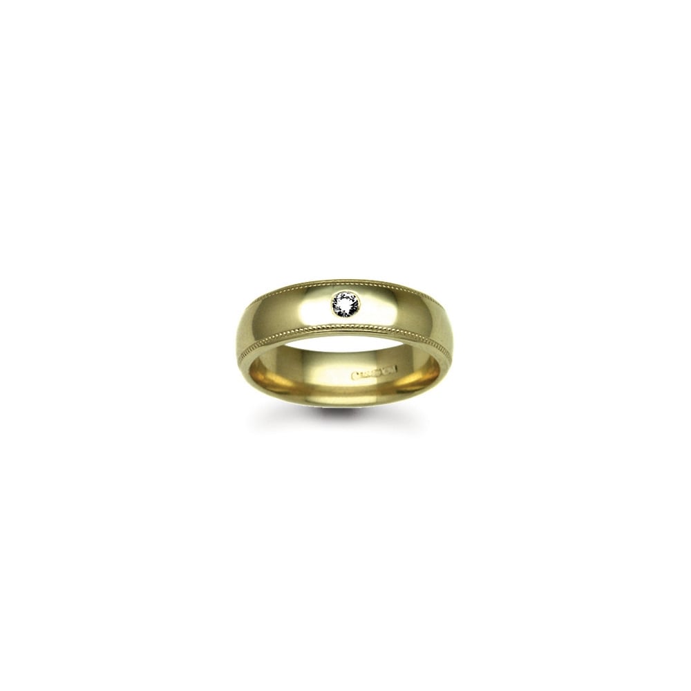 18ct Gold Yellow 3mm Diamond 2pts Rubover set Wedding Ring