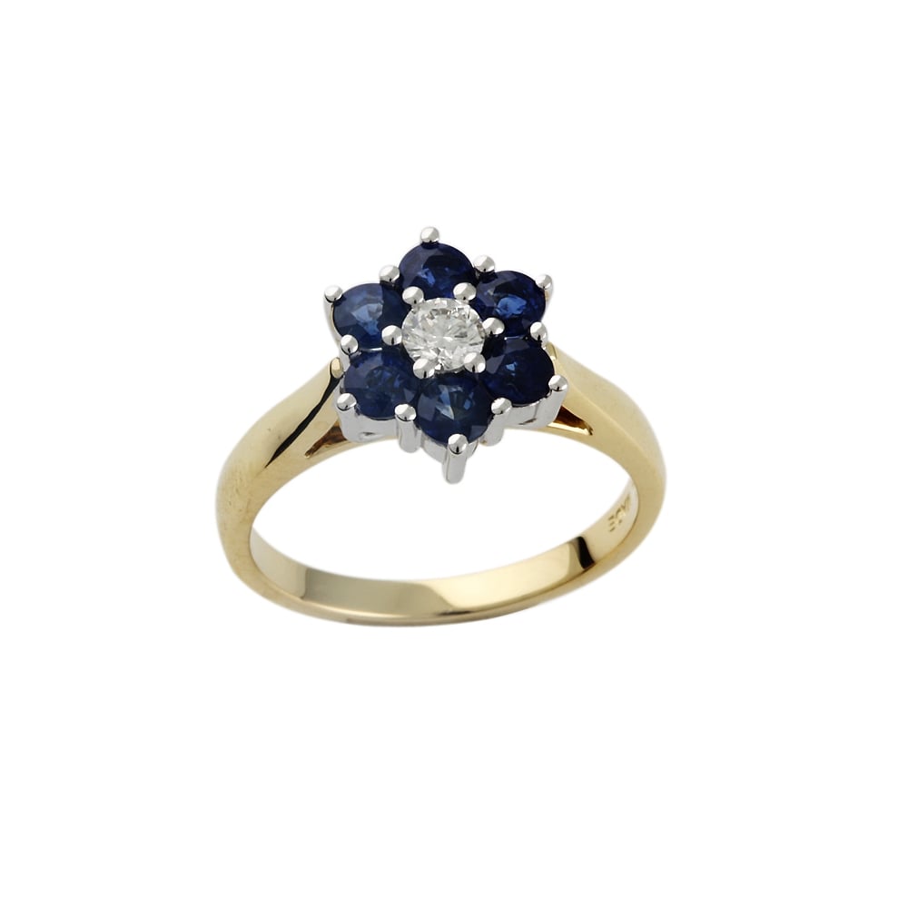 9ct Yellow and White Gold Diamond 0.16ct and Sapphire 1.17ct Cluster Ring
