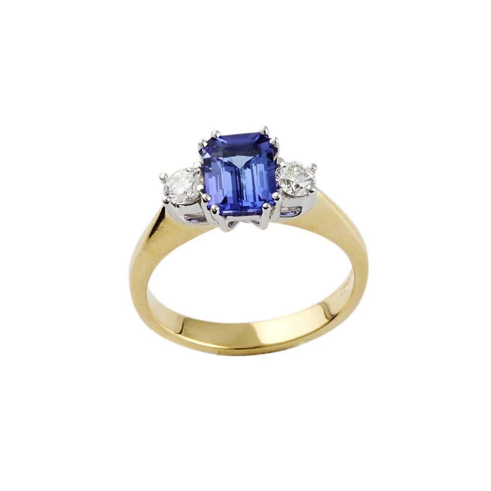 9ct Yellow and White Gold Tanzanite and Diamond Three Stone Ring