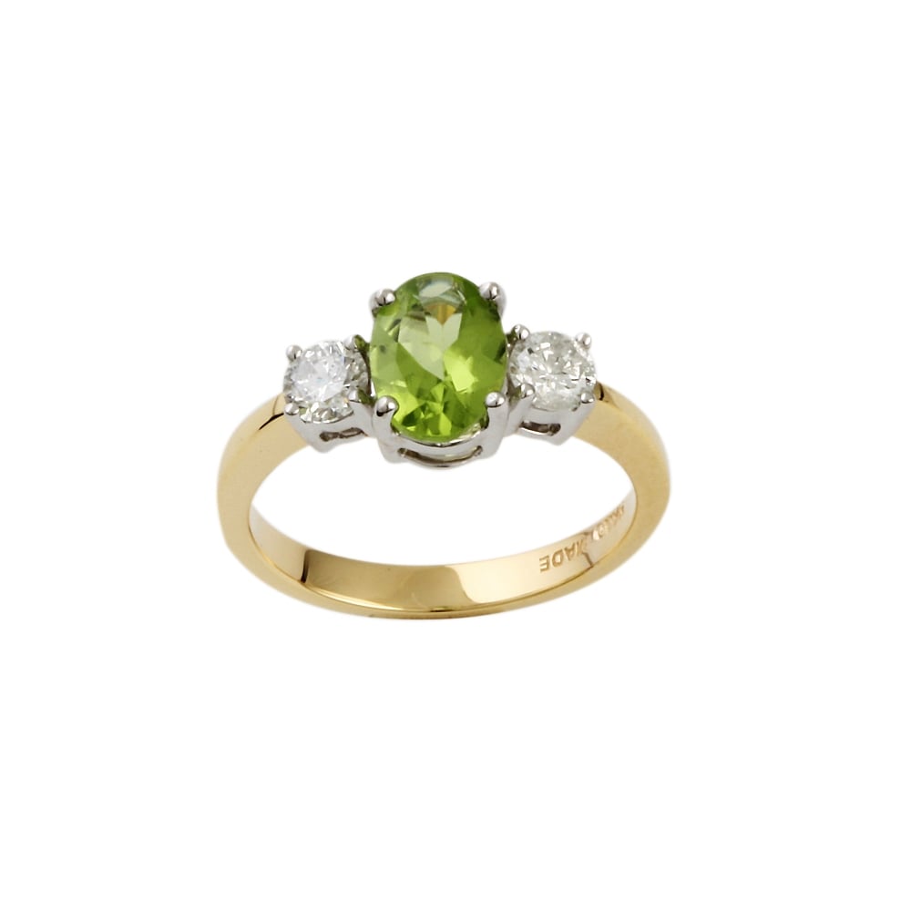 9ct Yellow and White Gold Diamond and Peridot Three Stone Ring