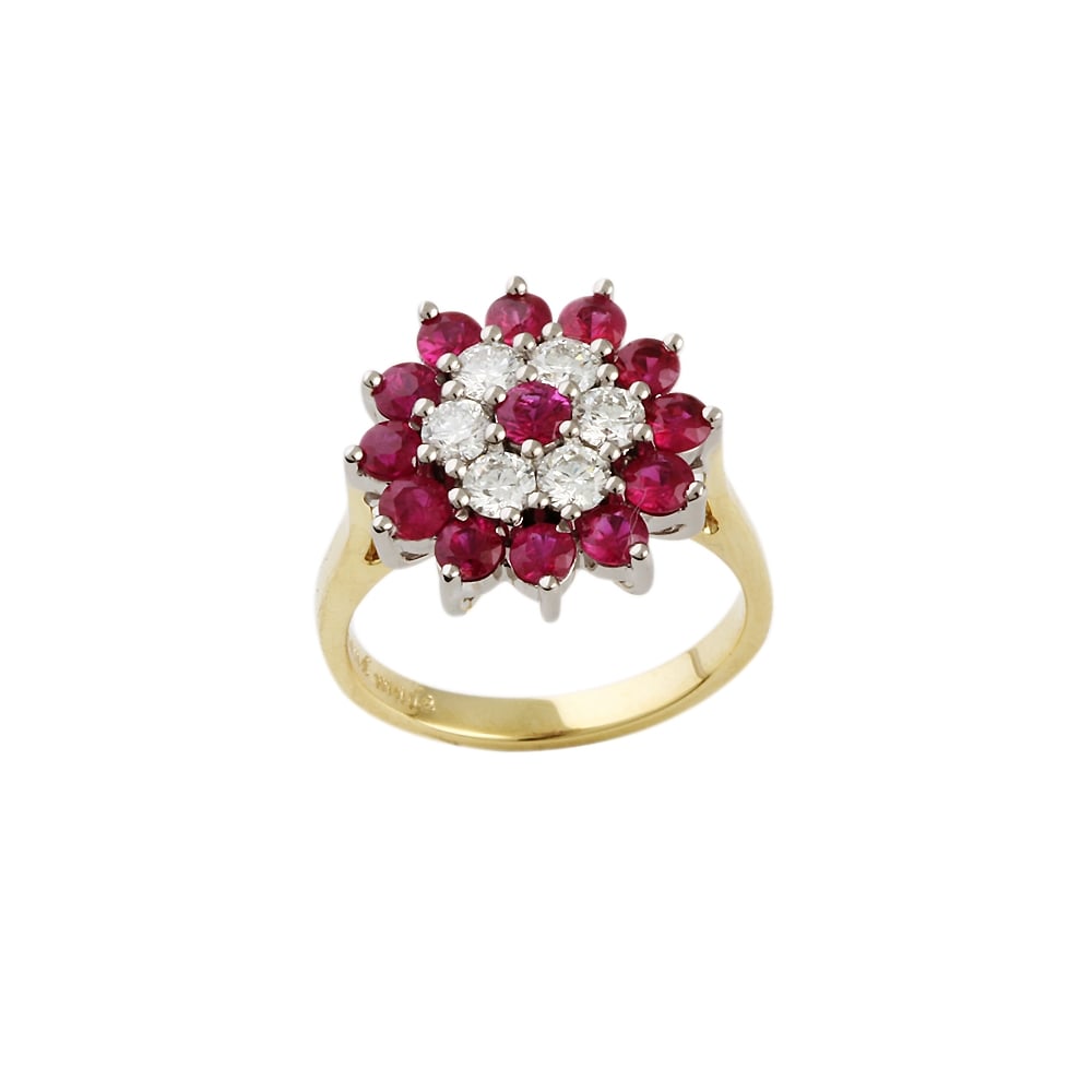 Yellow and White Gold Diamond and Ruby Cluster Ring
