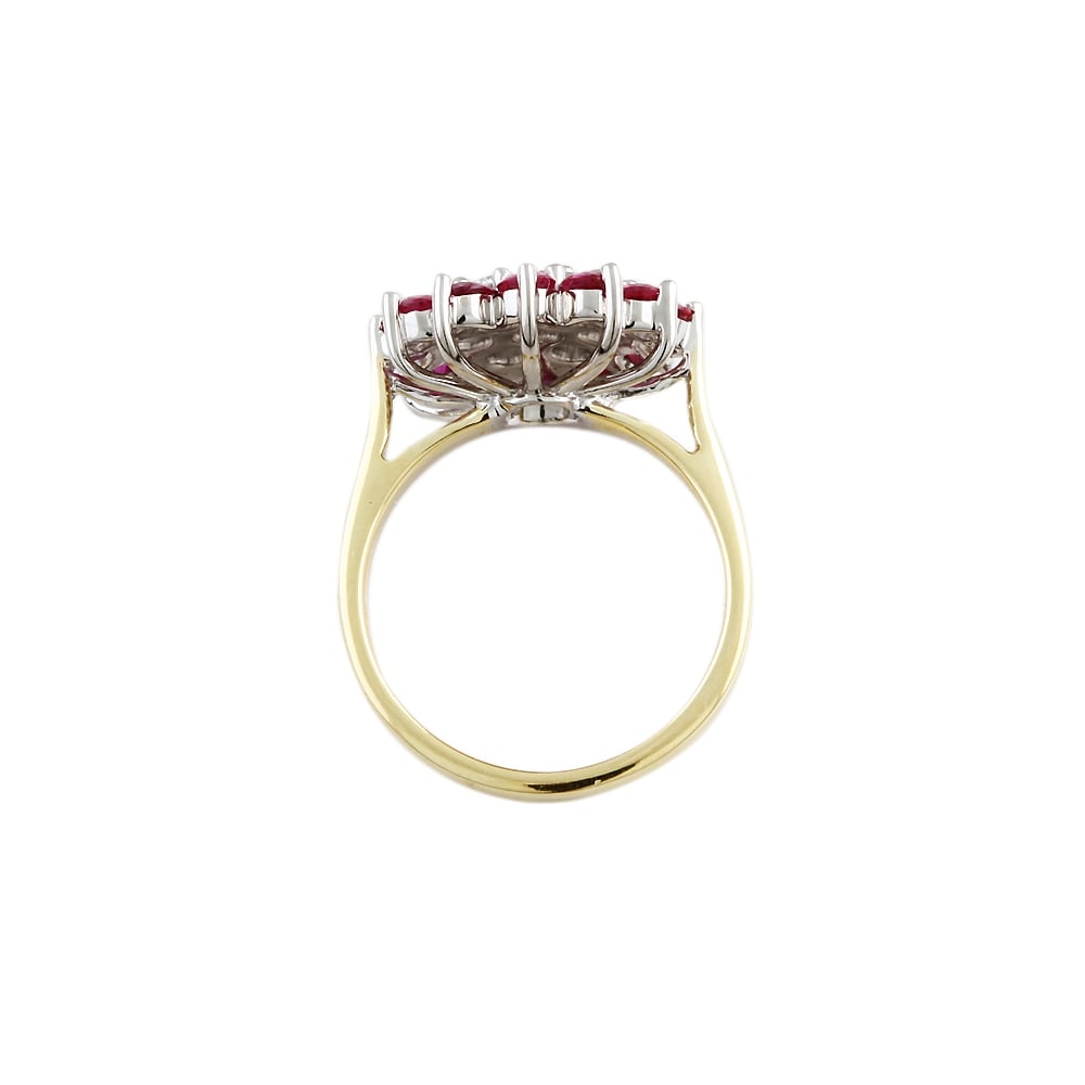 Yellow and White Gold Diamond and Ruby Cluster Ring