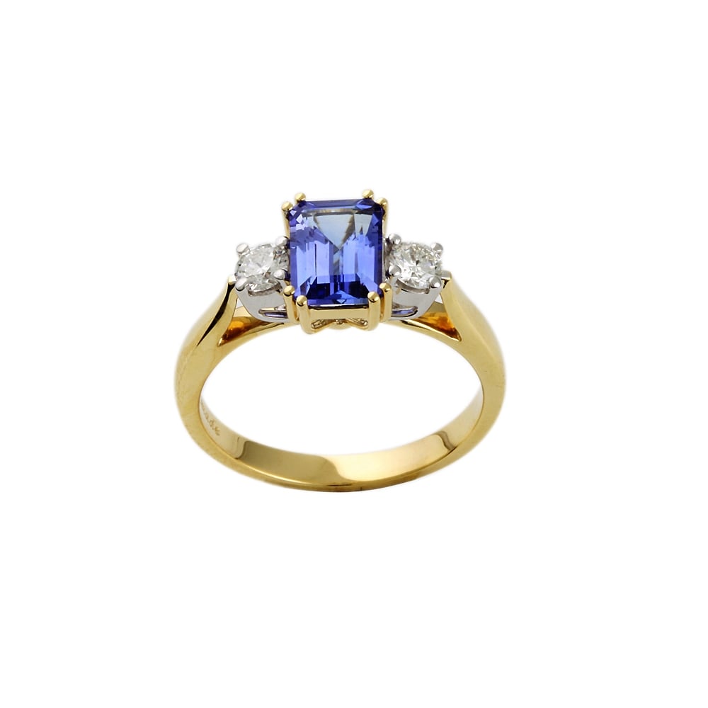 9ct Yellow and White Diamond and Tanzanite Three Stone Ring