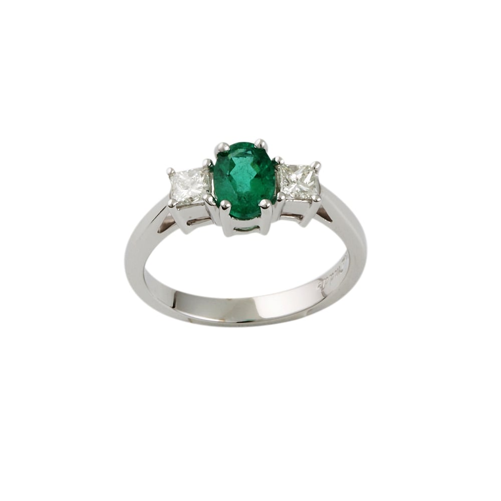 9ct White Gold Emerald and Diamond Three Stone Ring