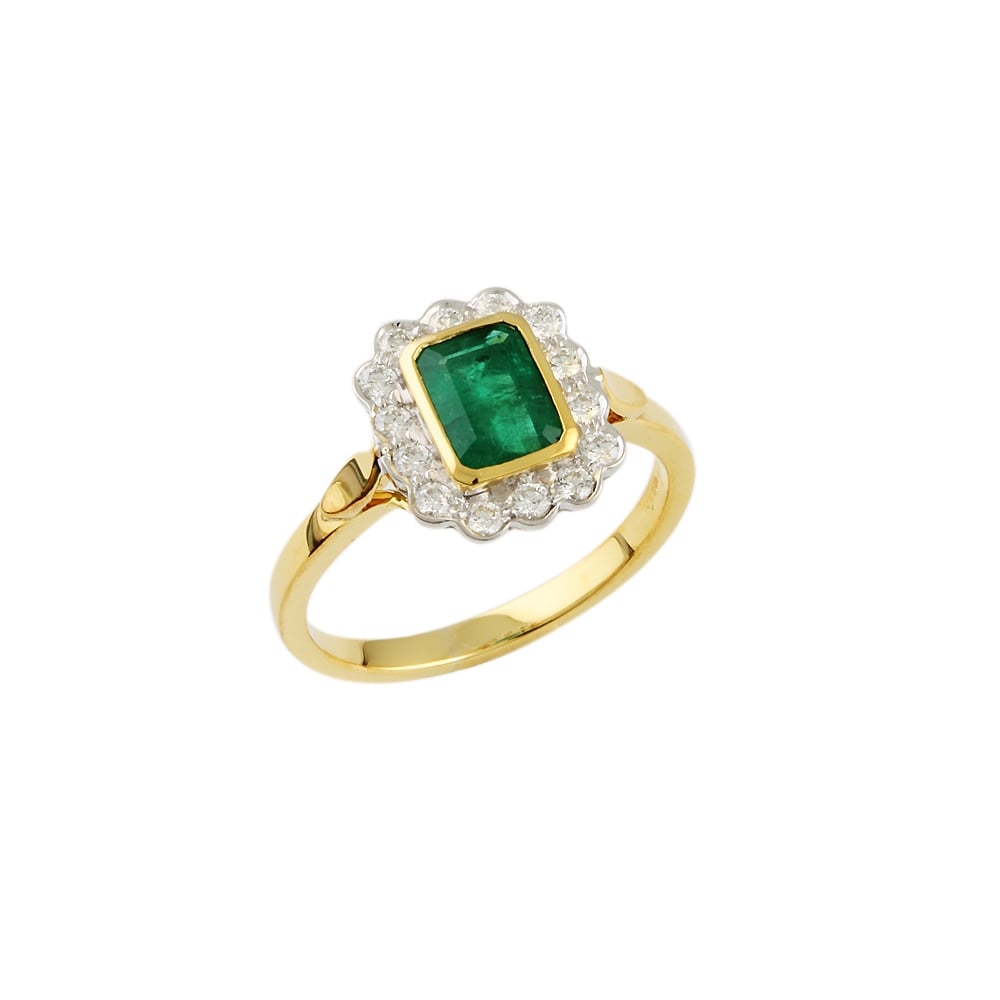 Yellow and White Gold Emerald and Diamond Cluster Ring