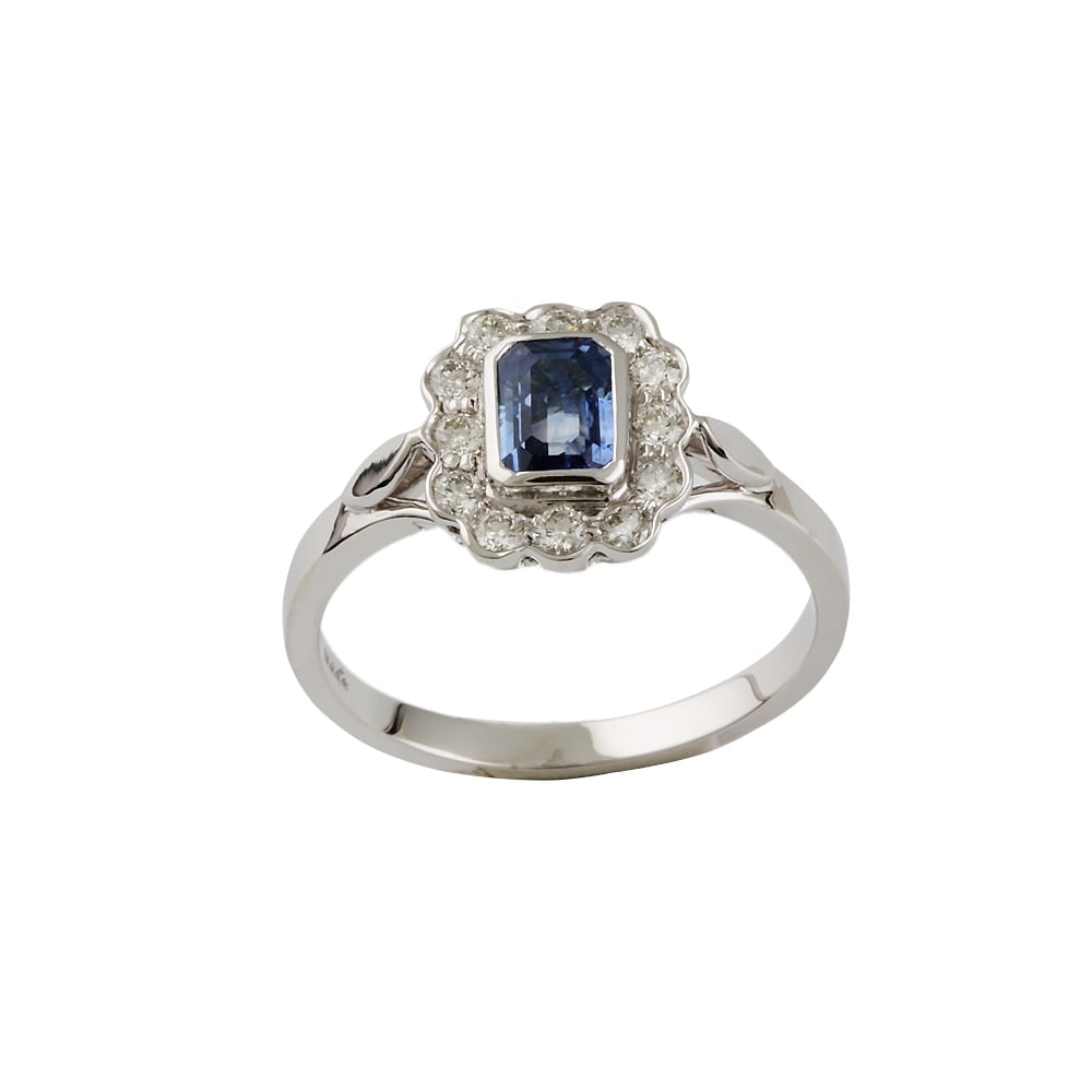 9ct White Gold Blue Sapphire 1.16ct and Diamond  0.41ct Cluster Ring