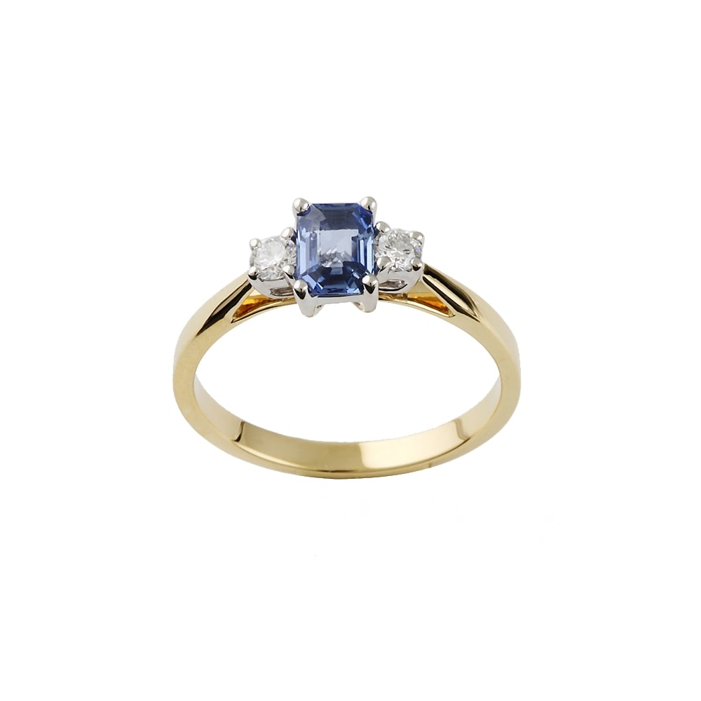 9ct Yellow and White Gold Blue Sapphire and Diamond Three Stone Ring