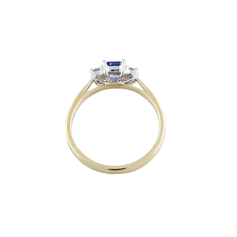 9ct Yellow and White Gold Blue Sapphire and Diamond Three Stone Ring