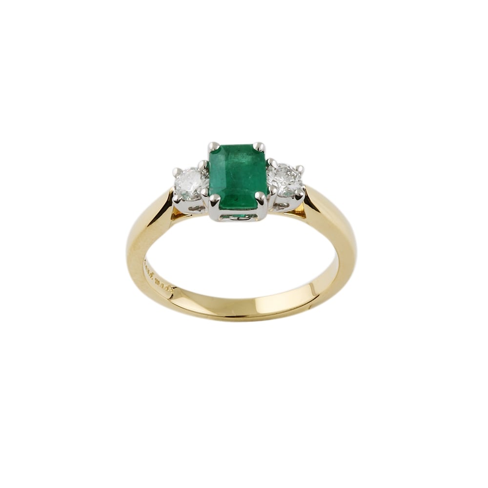 9ct Yellow and White Gold Emerald and Diamond Three Stone Ring