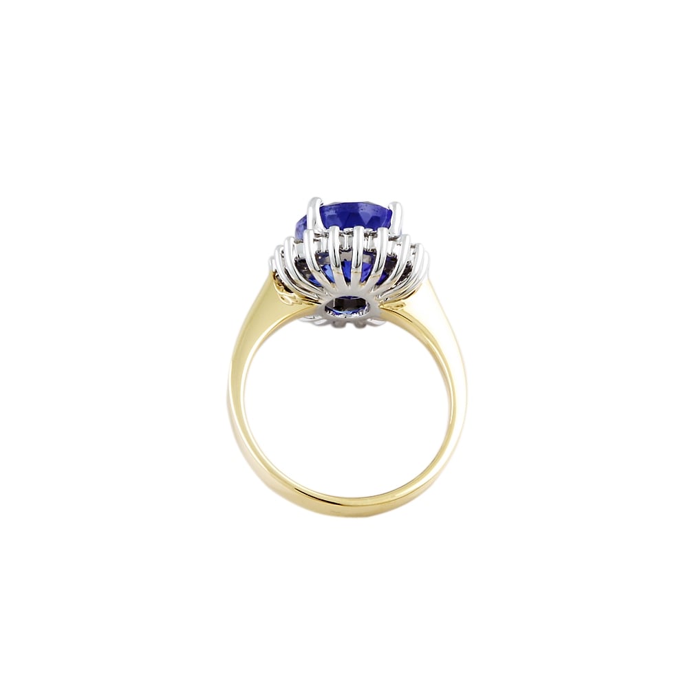 Yellow and White Gold 0.29ct Round Diamond and 4.0ct Oval Tanzanite Set Cluster Ring