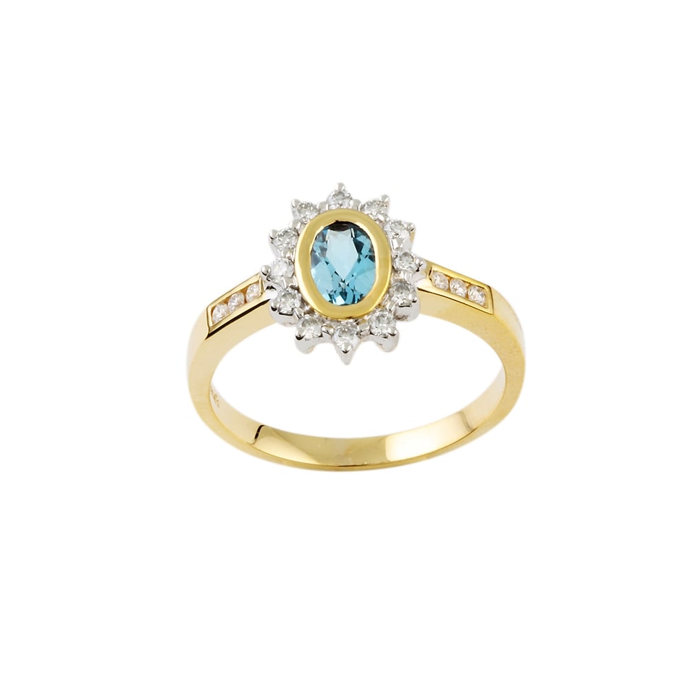 Yellow and White Gold 0.31ct Round Diamond and 0.66ct Oval Blue Topaz Set Cluster Ring