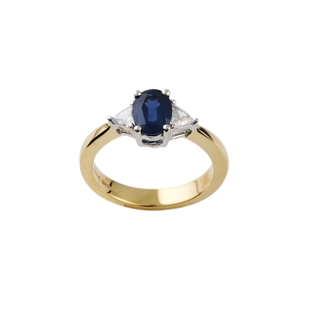 9ct Yellow and White Gold Blue Sapphire and Diamond Three Stone Ring