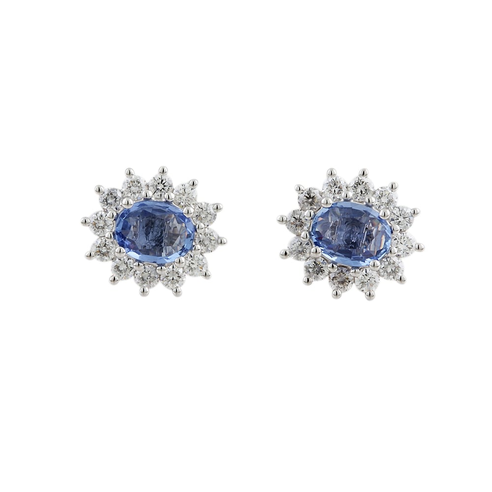9ct White Gold Blue Sapphire and Diamond Cluster Earrings