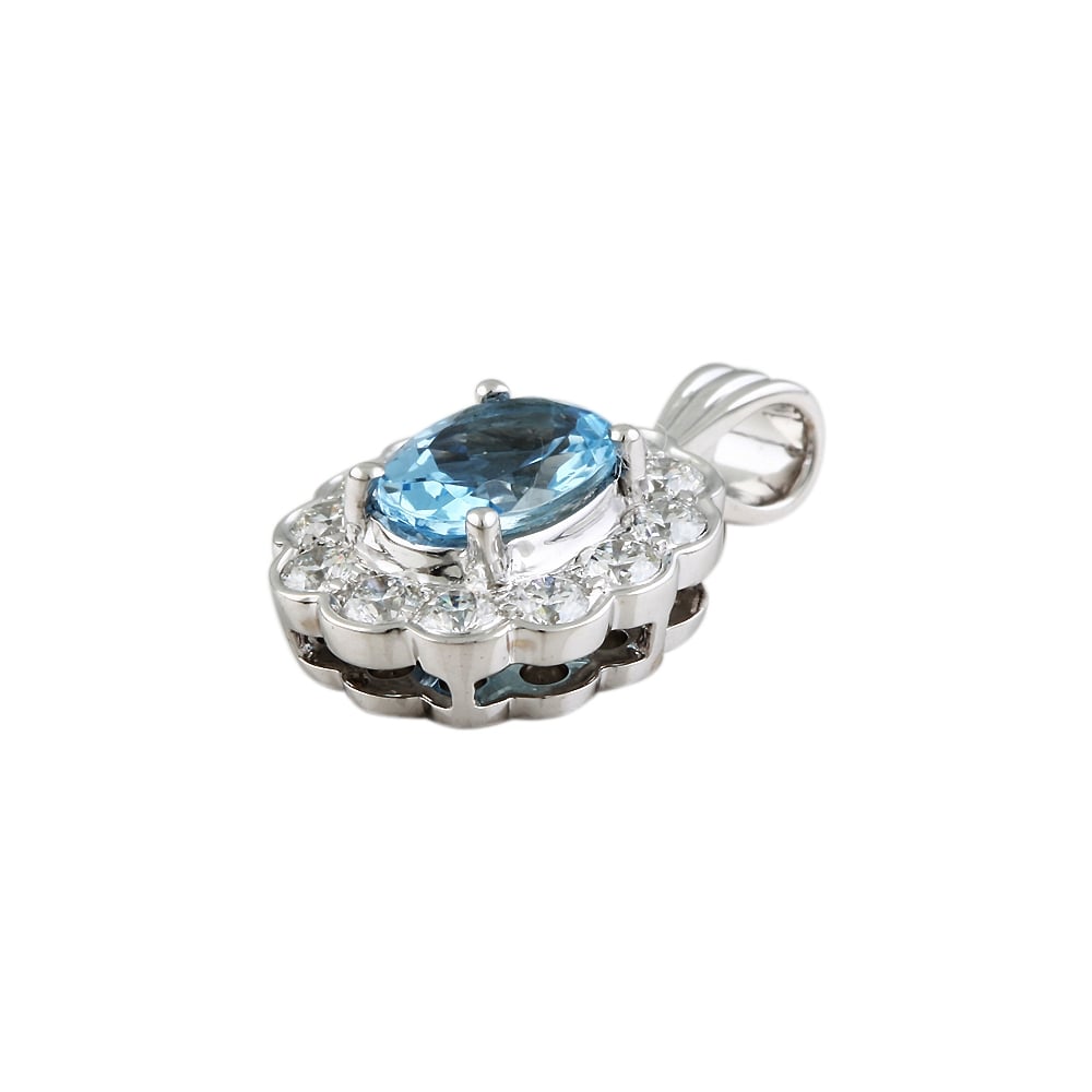 9ct White Gold Aquamarine and Diamond Cluster Pendant