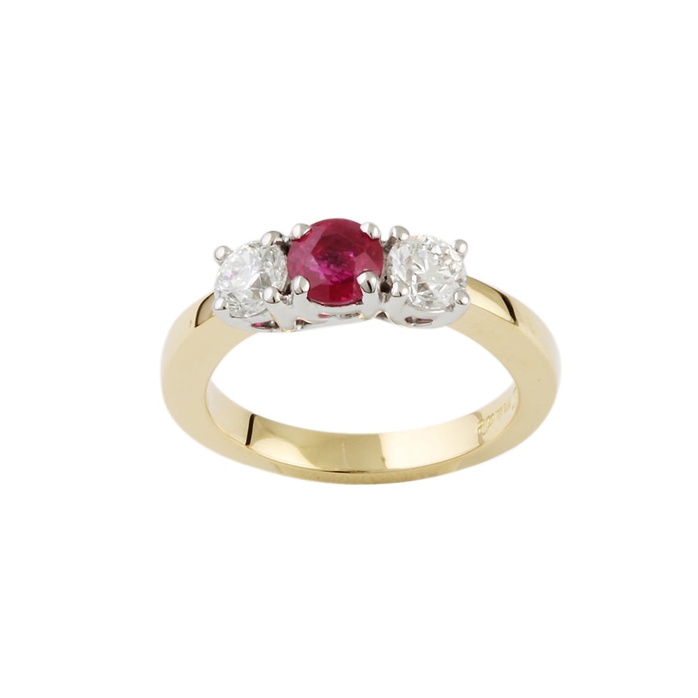 9ct Yellow and White Gold Ruby and Diamond Three Stone Ring