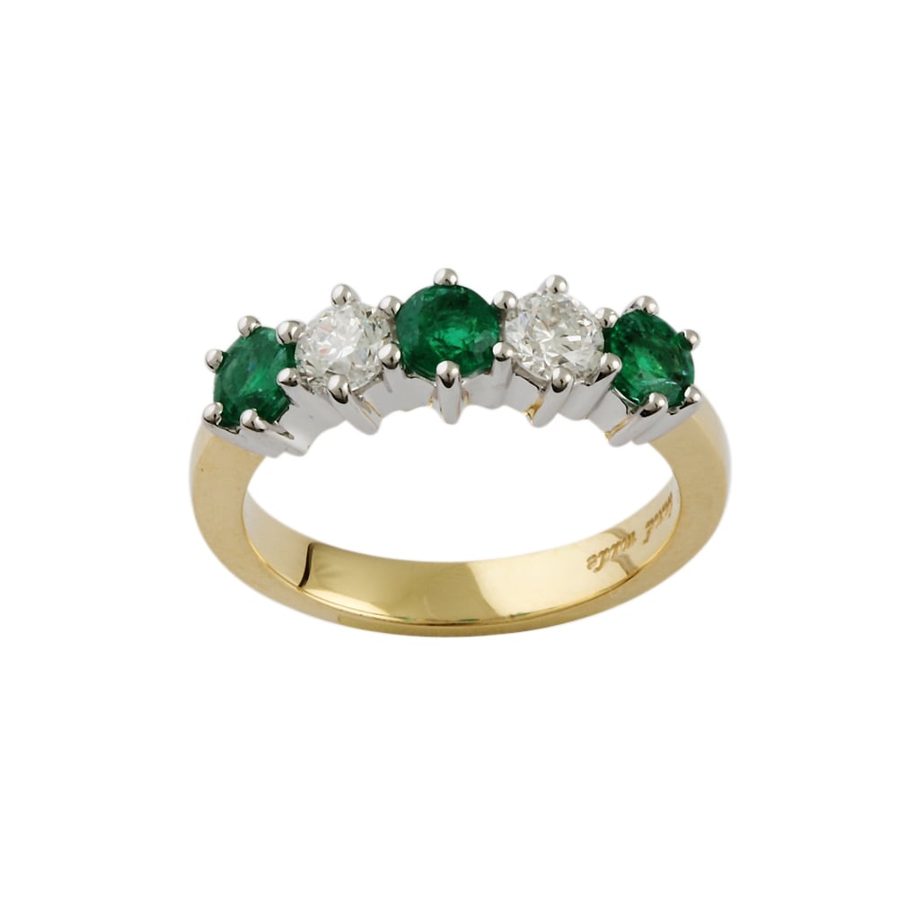 9ct Yellow and White Gold Emerald and Diamond Five Stone Ring