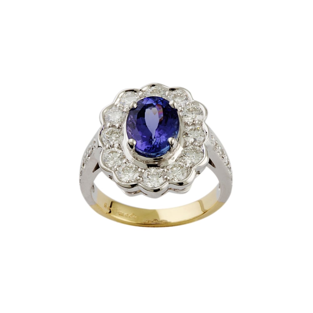 9ct Yellow and White Gold Tanzanite and Diamond Cluster Ring