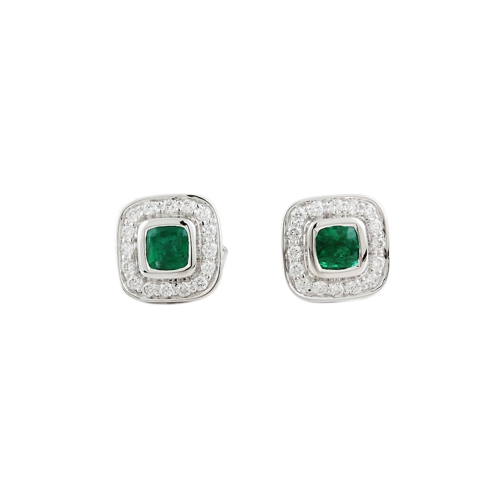 9ct white gold emerald and diamond cluster earrings.