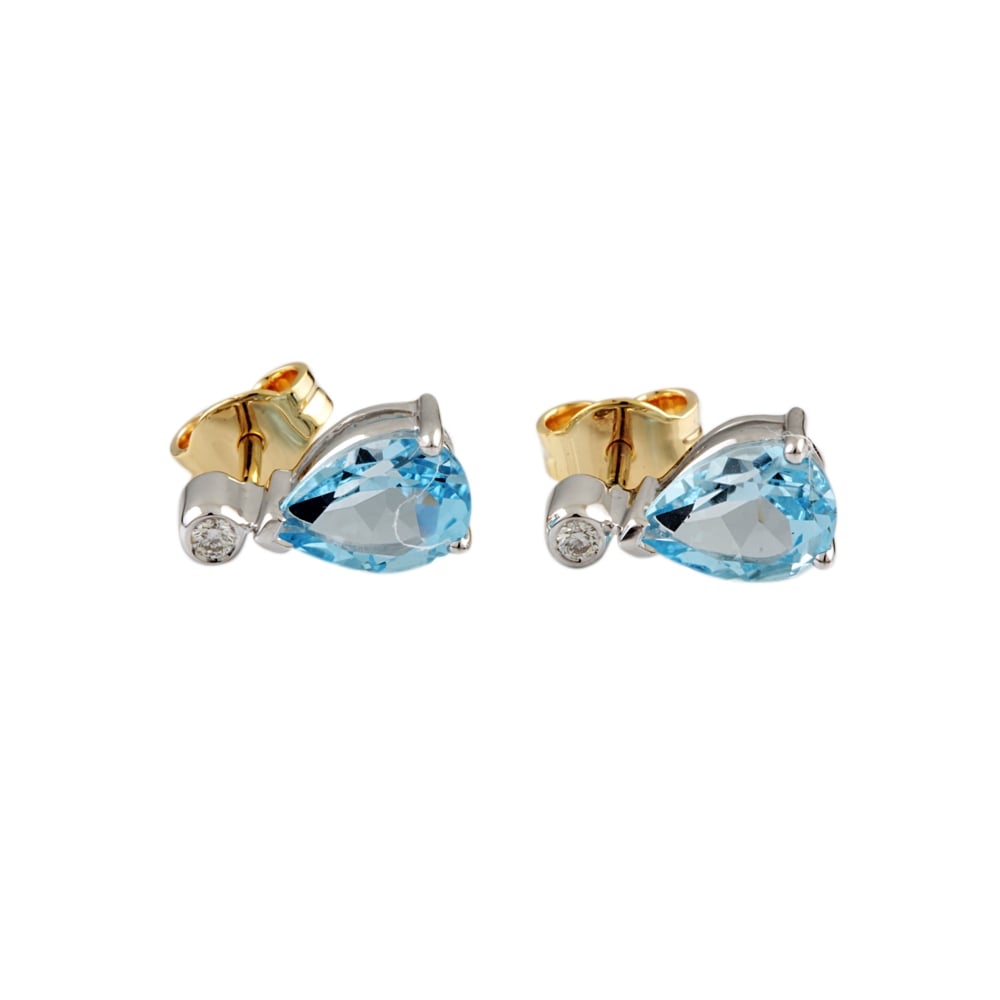 9ct Yellow and White Gold Blue Topaz and Diamond Stud Earring