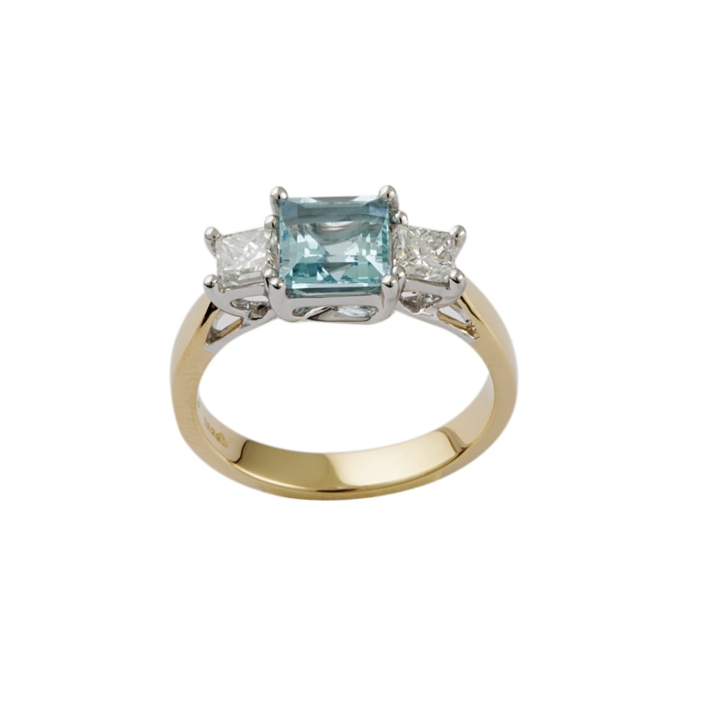 18ct Yellow and White Gold Aquamarine and Diamond Three Stone Ring