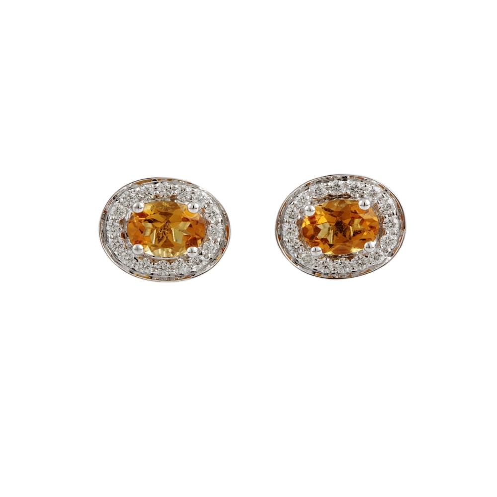 9ct White Gold Citrine and Diamond Cluster Stud Earrings