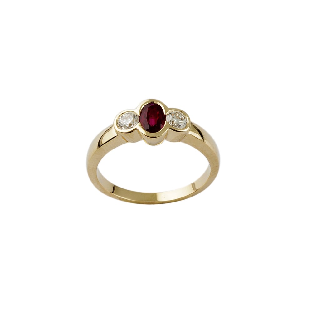 9ct Yellow Gold Ruby and Diamond Three Stone Ring