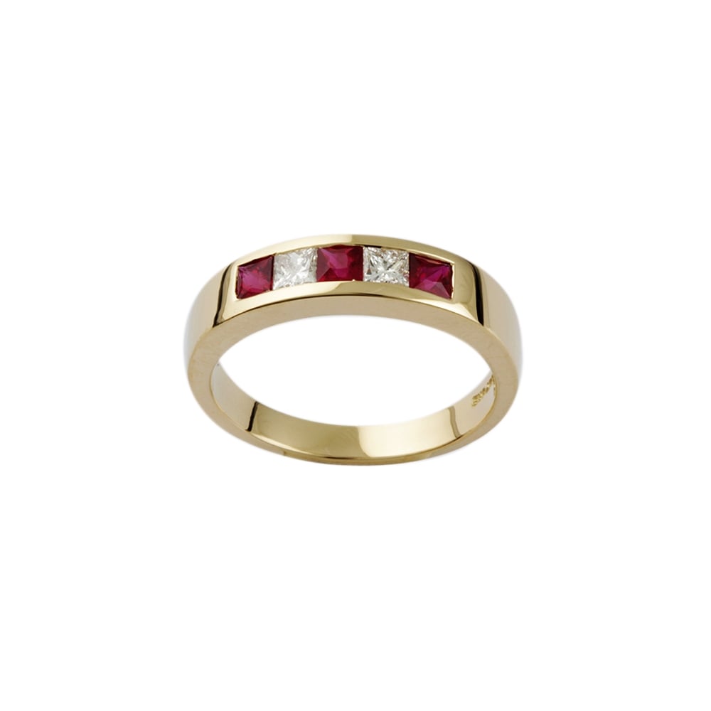 9ct Yellow Gold Ruby 0.51ct and Diamond Five Stone Ring 0.28ct