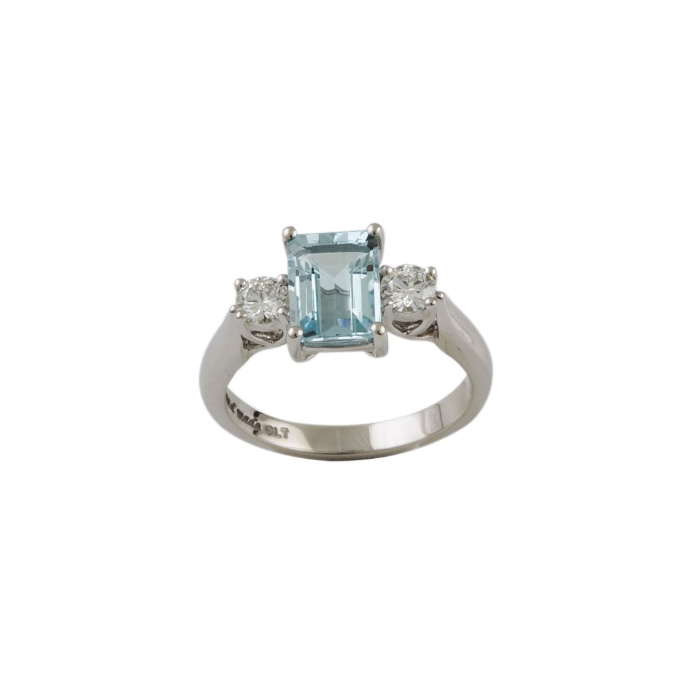 9ct White Gold Aquamarine 1.53ct and Diamond 0.36ct Three Stone Ring